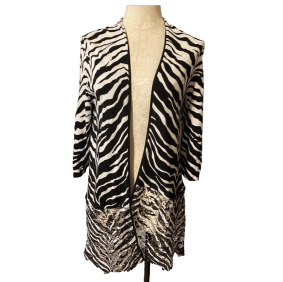Chicos Cardigan Topper Black White 1 Medium Stripe Cotton Lace Long Duster - Picture 1 of 9